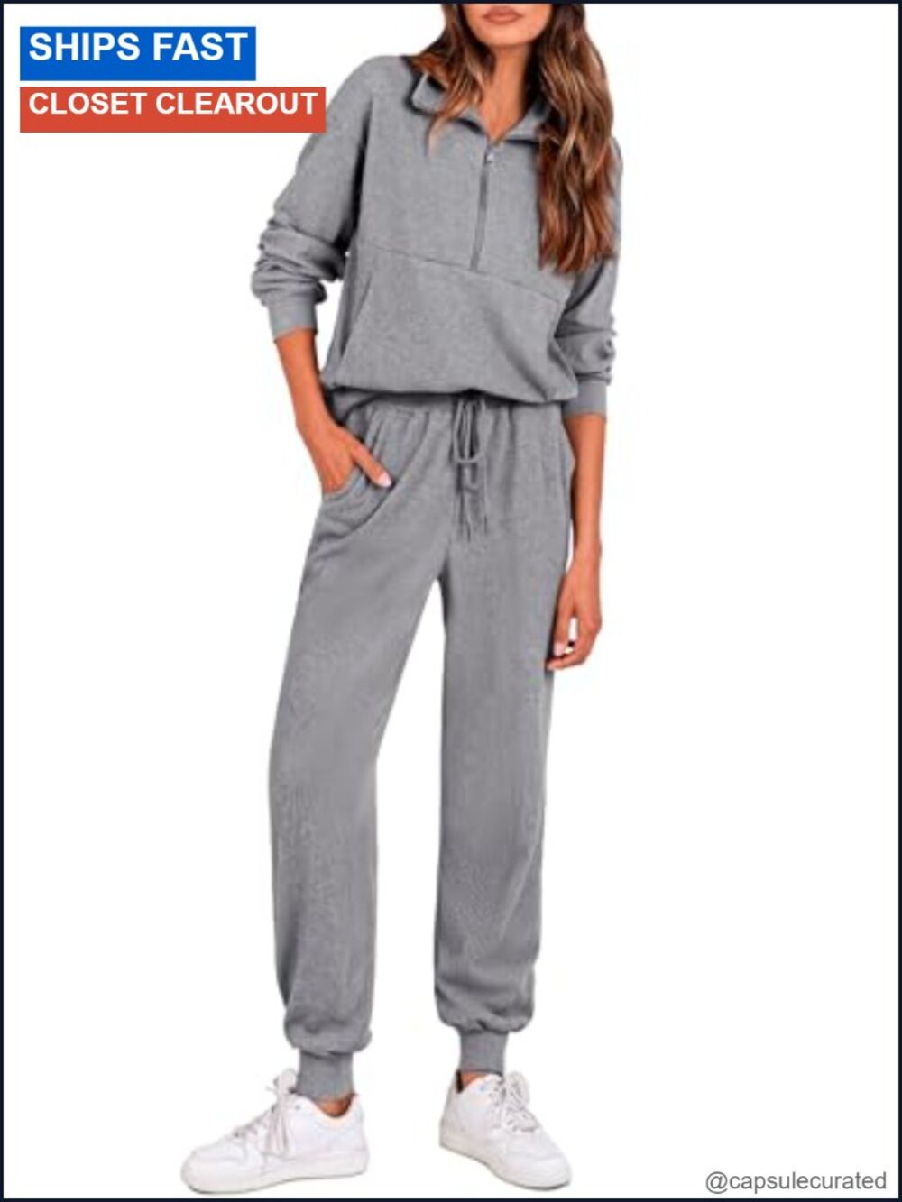 Ribbed Knit Matching Lounge Set Half Zip Jogger Tracksuit Travel Outfit